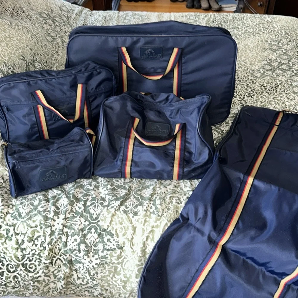 Excellent vintage Jordache blue nylon suitcase collection blue, red & tan handle